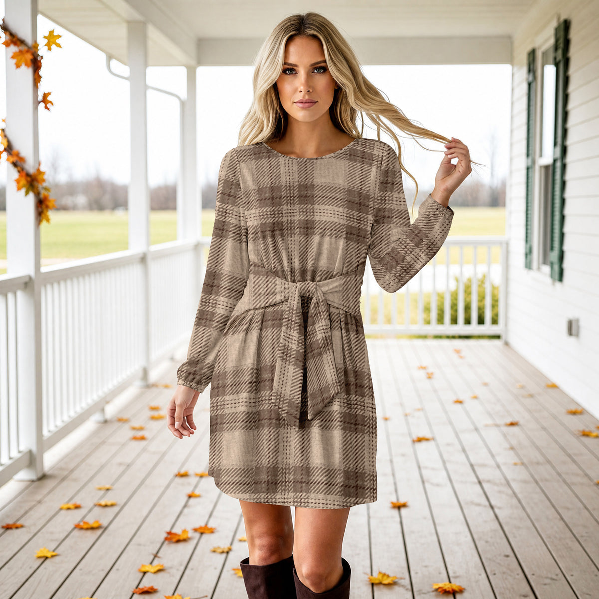 Long Sleeve Front Tie-Waist Dress - Plaid