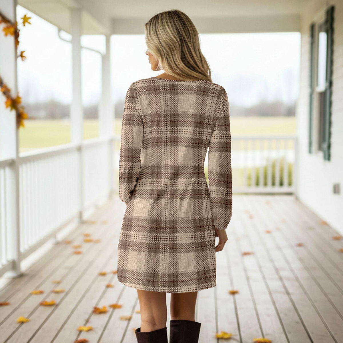 Long Sleeve Front Tie-Waist Dress - Plaid