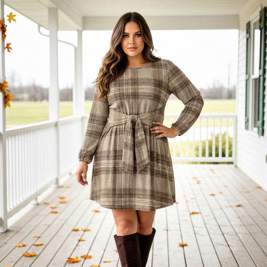 Long Sleeve Front Tie-Waist Dress - Plaid