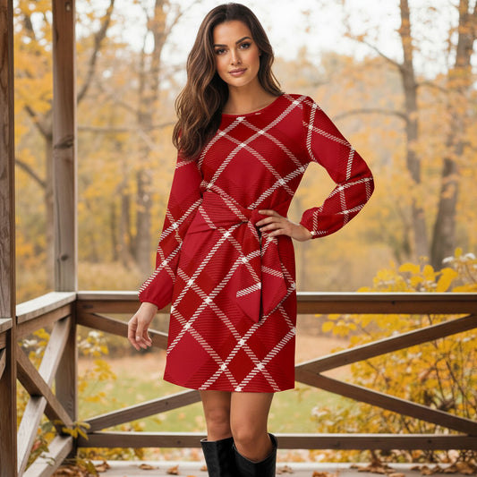 Long Sleeve Front Tie-Waist Dress - Plaid