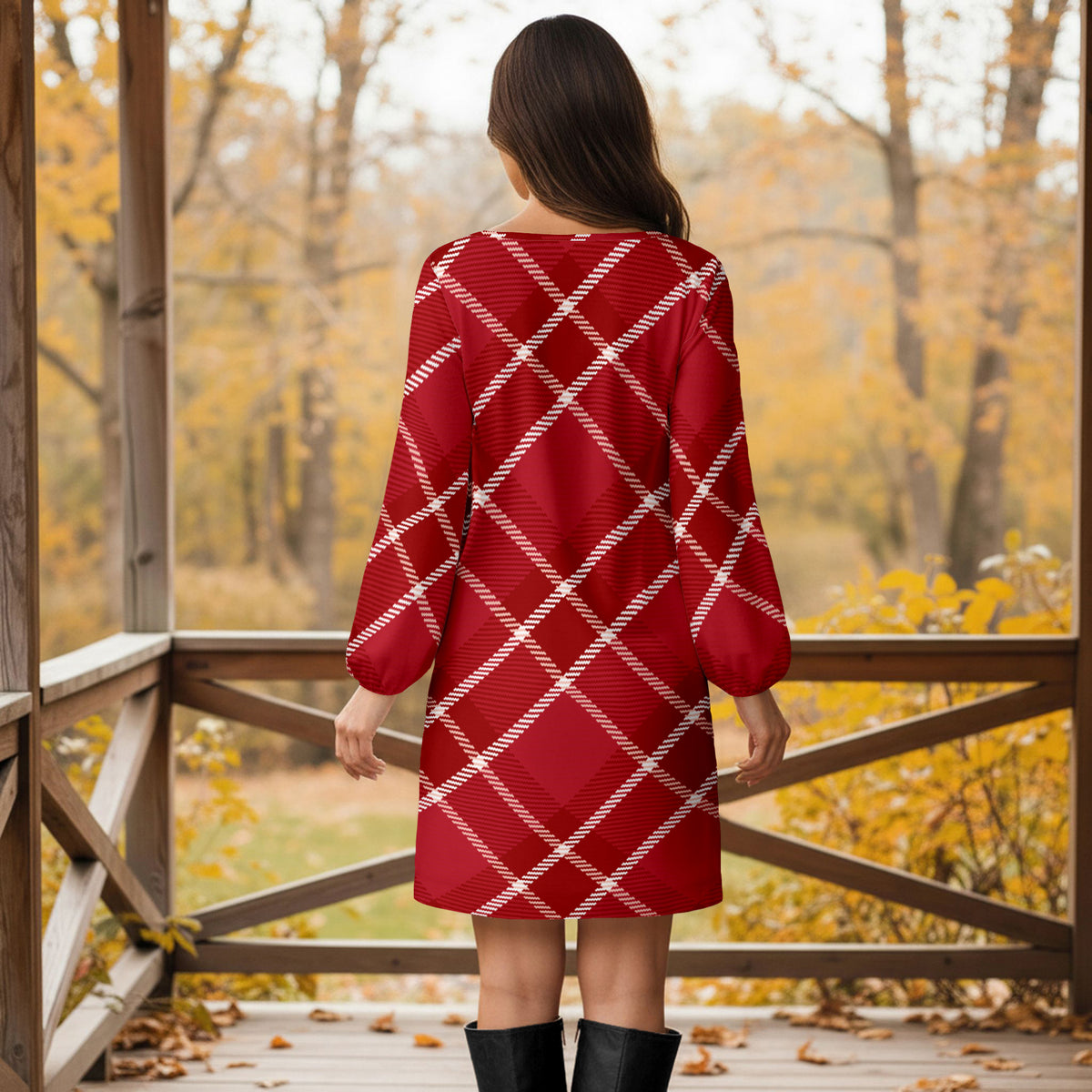 Long Sleeve Front Tie-Waist Dress - Plaid