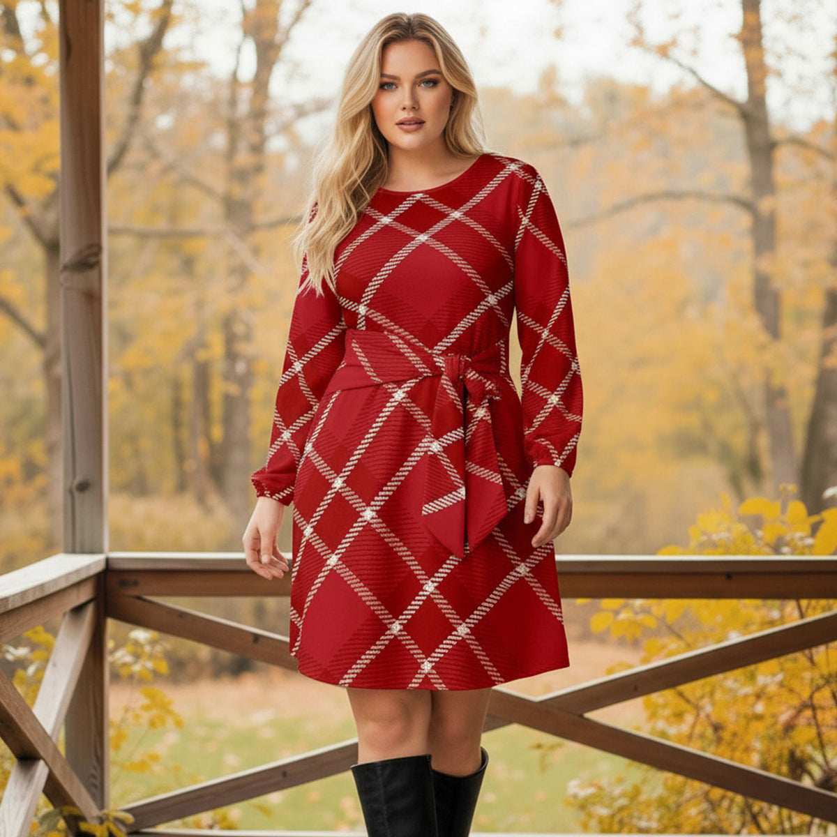 Long Sleeve Front Tie-Waist Dress - Plaid