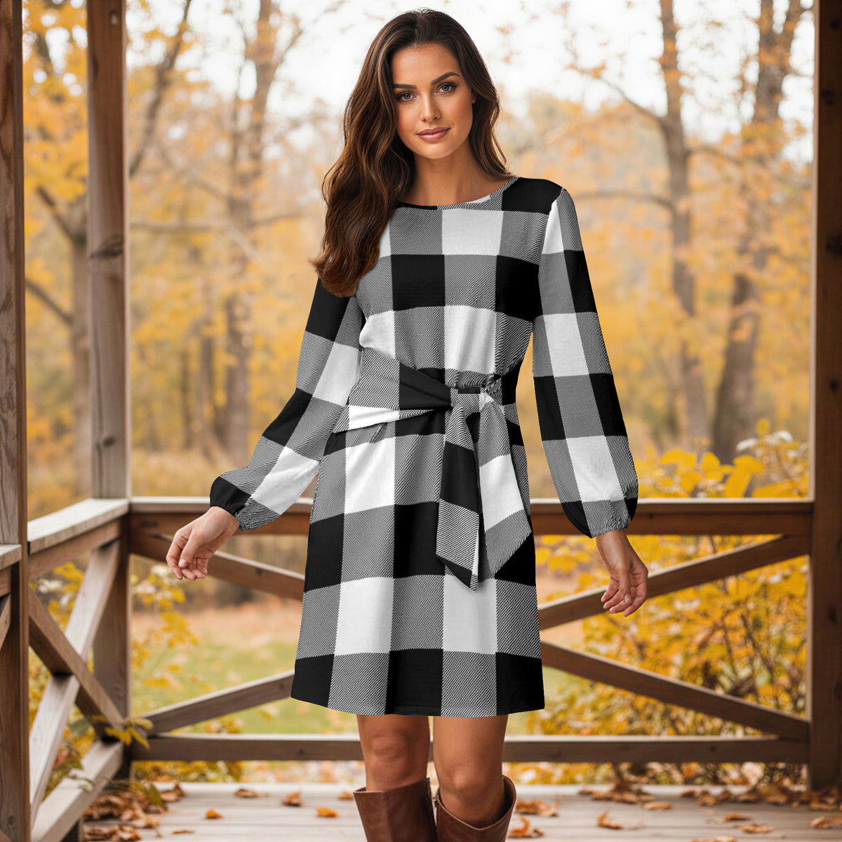 Long Sleeve Front Tie-Waist Dress - Plaid