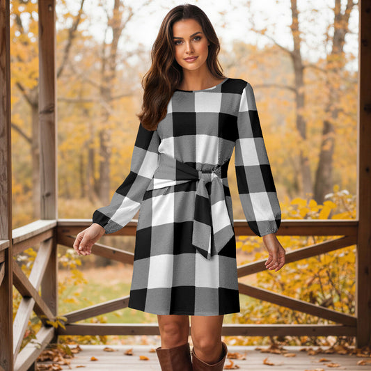 Long Sleeve Front Tie-Waist Dress - Plaid