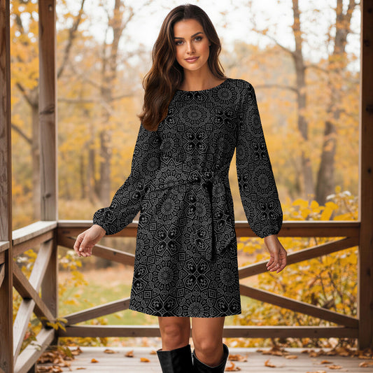 Long Sleeve Front Tie-Waist Dress - Mandala