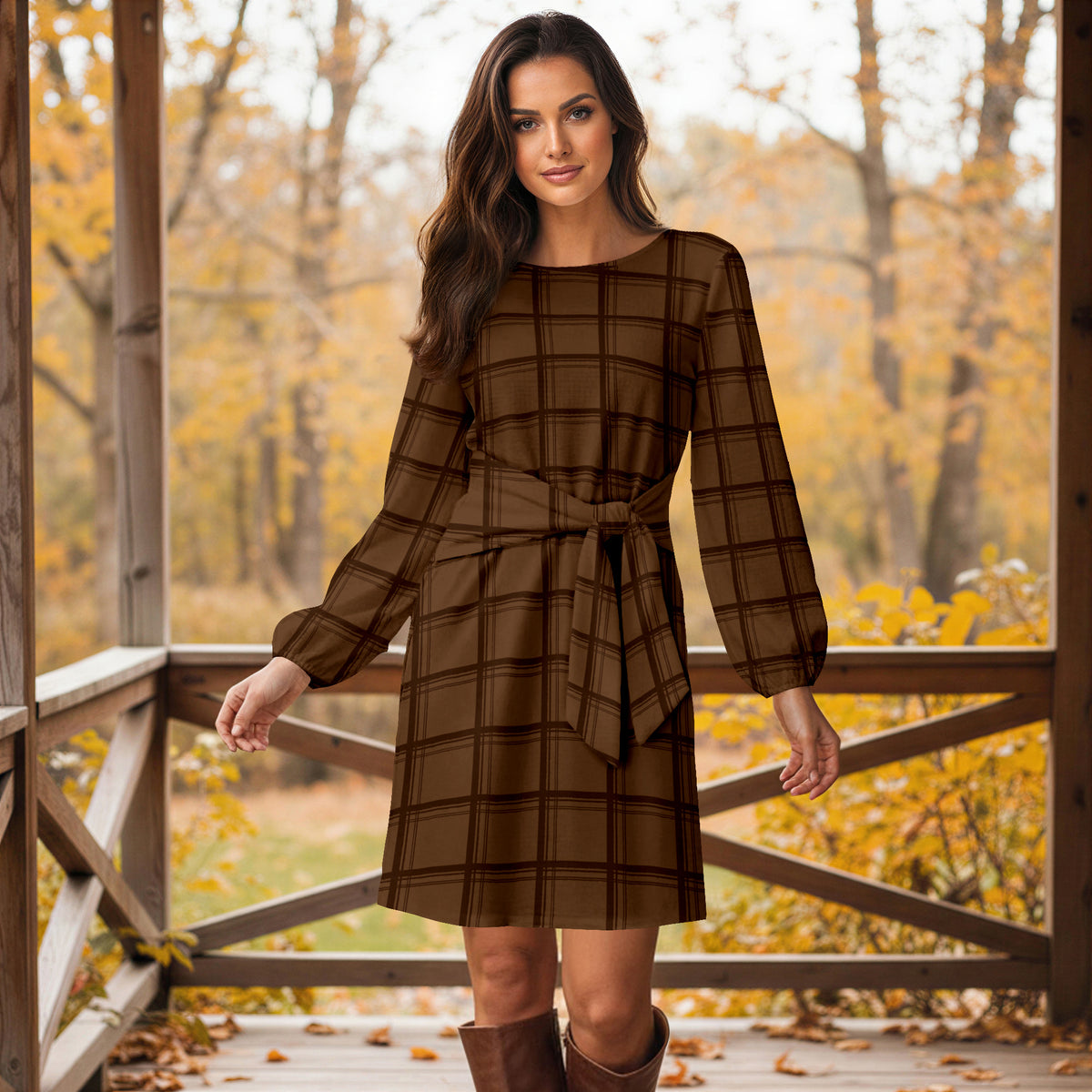 Long Sleeve Front Tie-Waist Dress - Grids