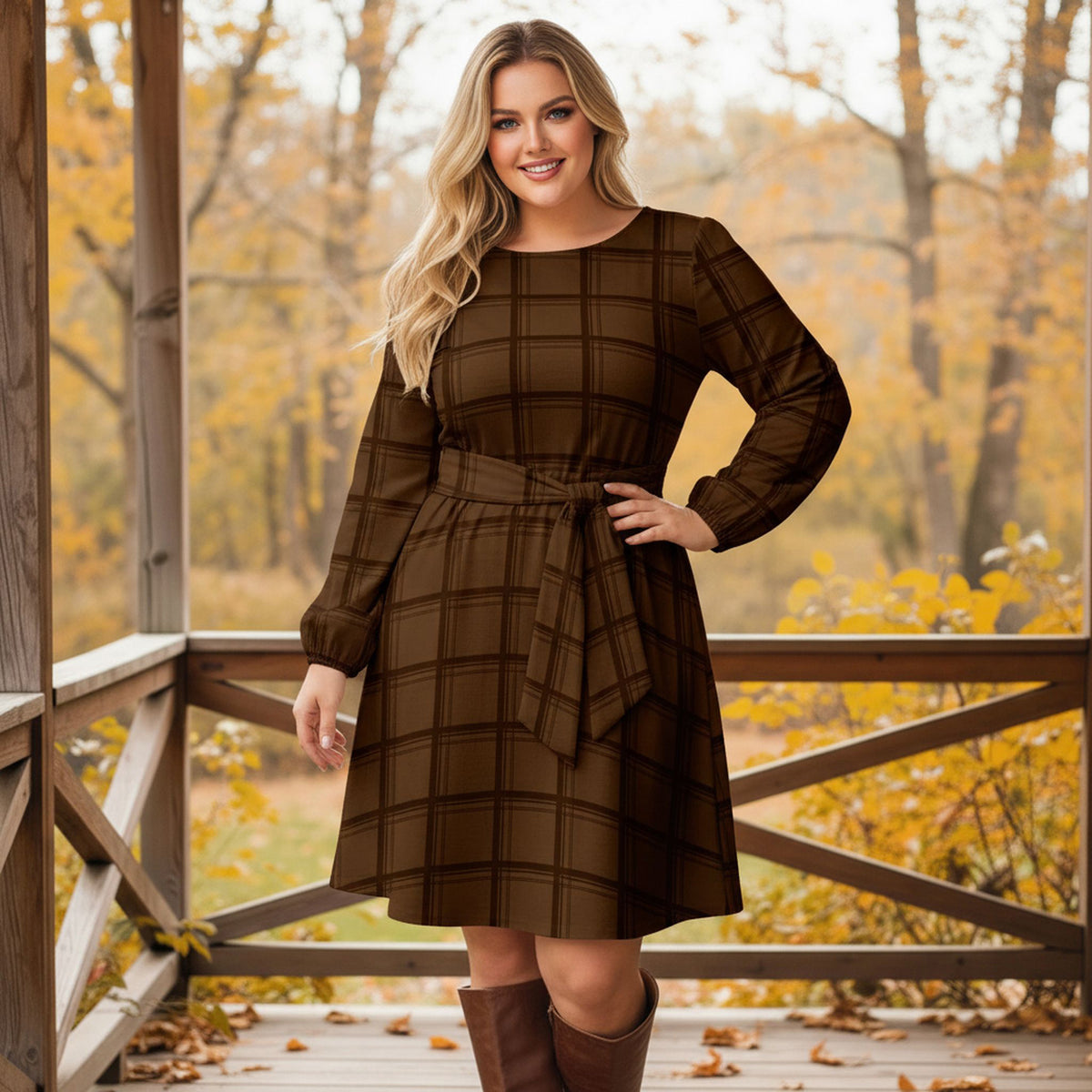 Long Sleeve Front Tie-Waist Dress - Grids
