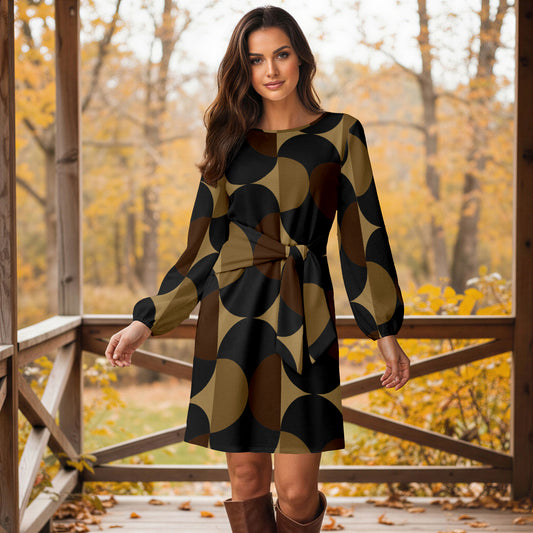 Long Sleeve Front Tie-Waist Dress - Abstract Geometric