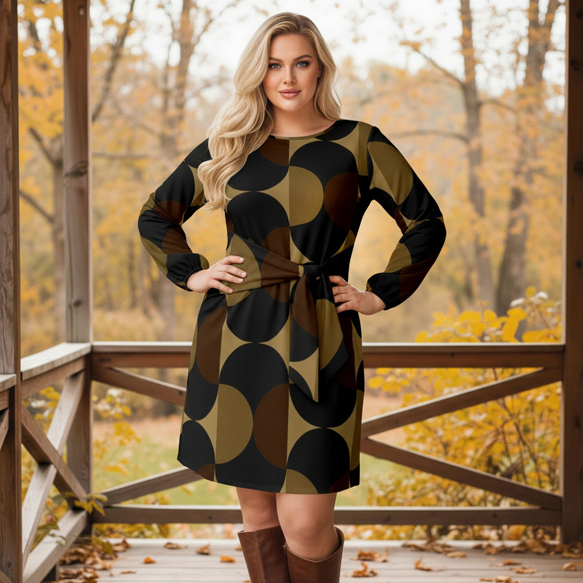Long Sleeve Front Tie-Waist Dress - Abstract Geometric