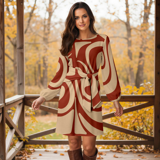 Long Sleeve Front Tie-Waist Dress - Abstract