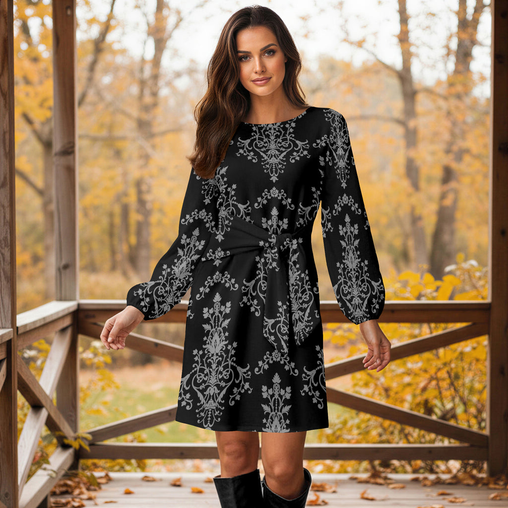 Long Sleeve Front Tie-Waist Dress - Arabesque