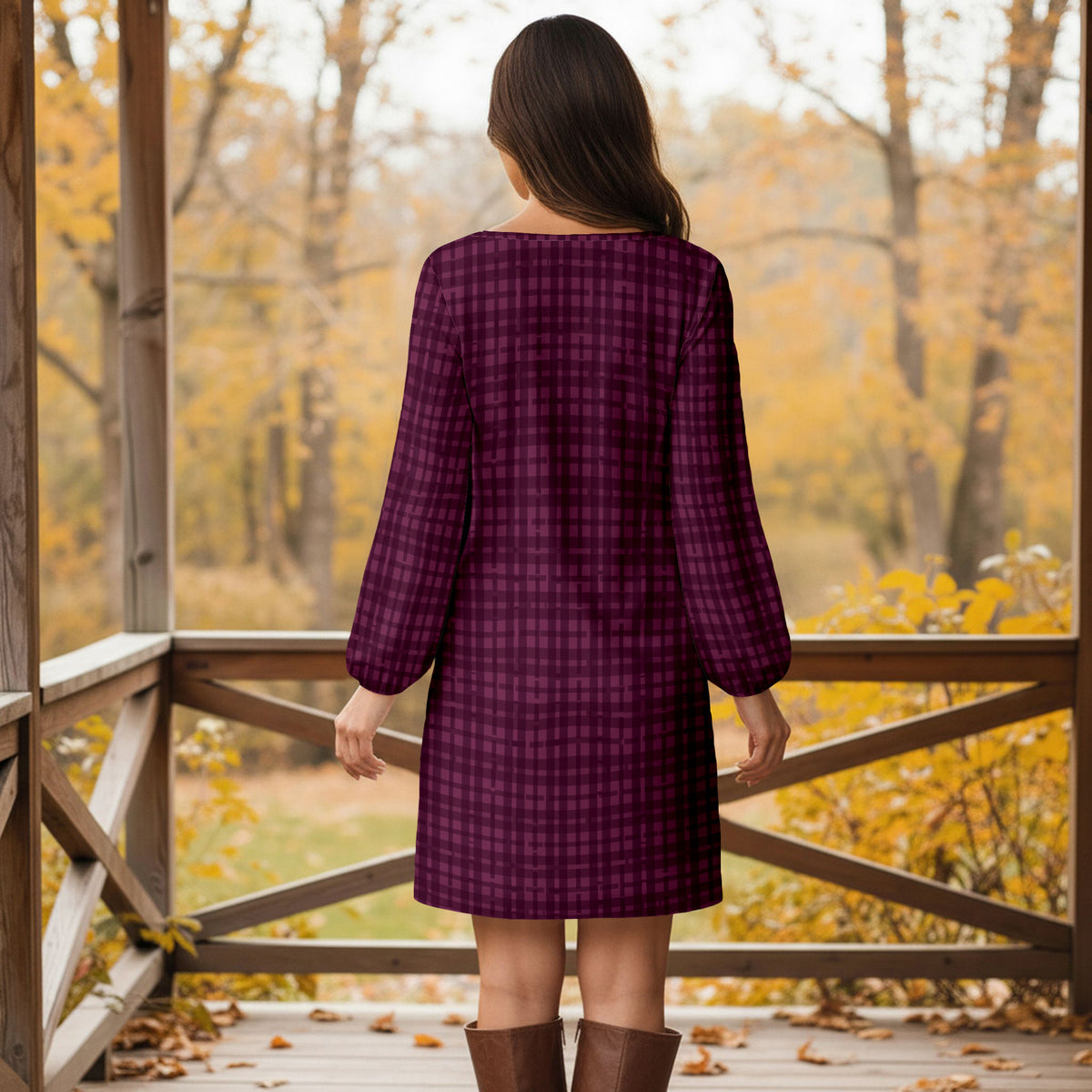 Long Sleeve Front Tie-Waist Dress - Plaid