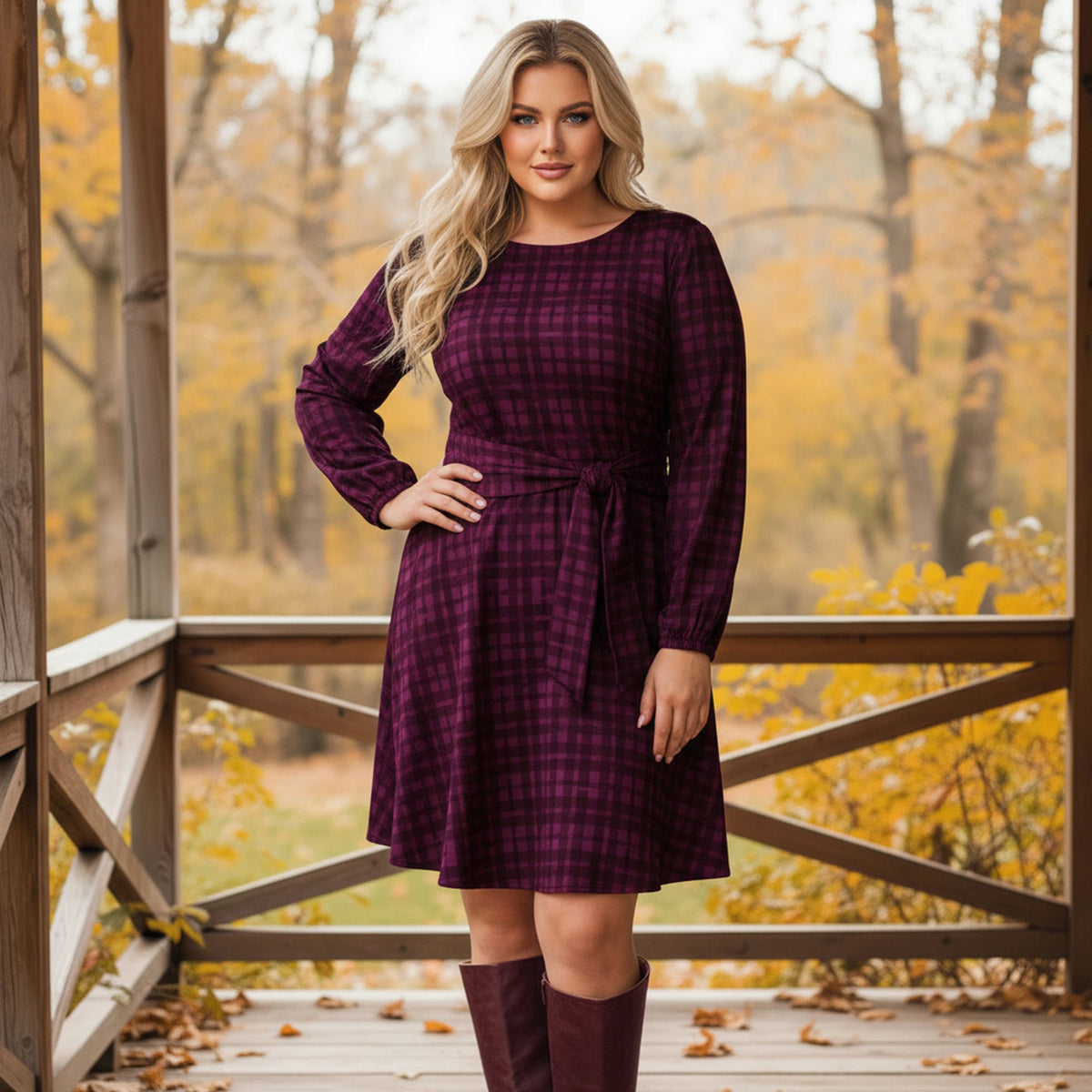 Long Sleeve Front Tie-Waist Dress - Plaid