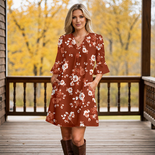 Notch Neck 3/4 Sleeve Ruffle Cuff Shift Dress with Pockets - Floral