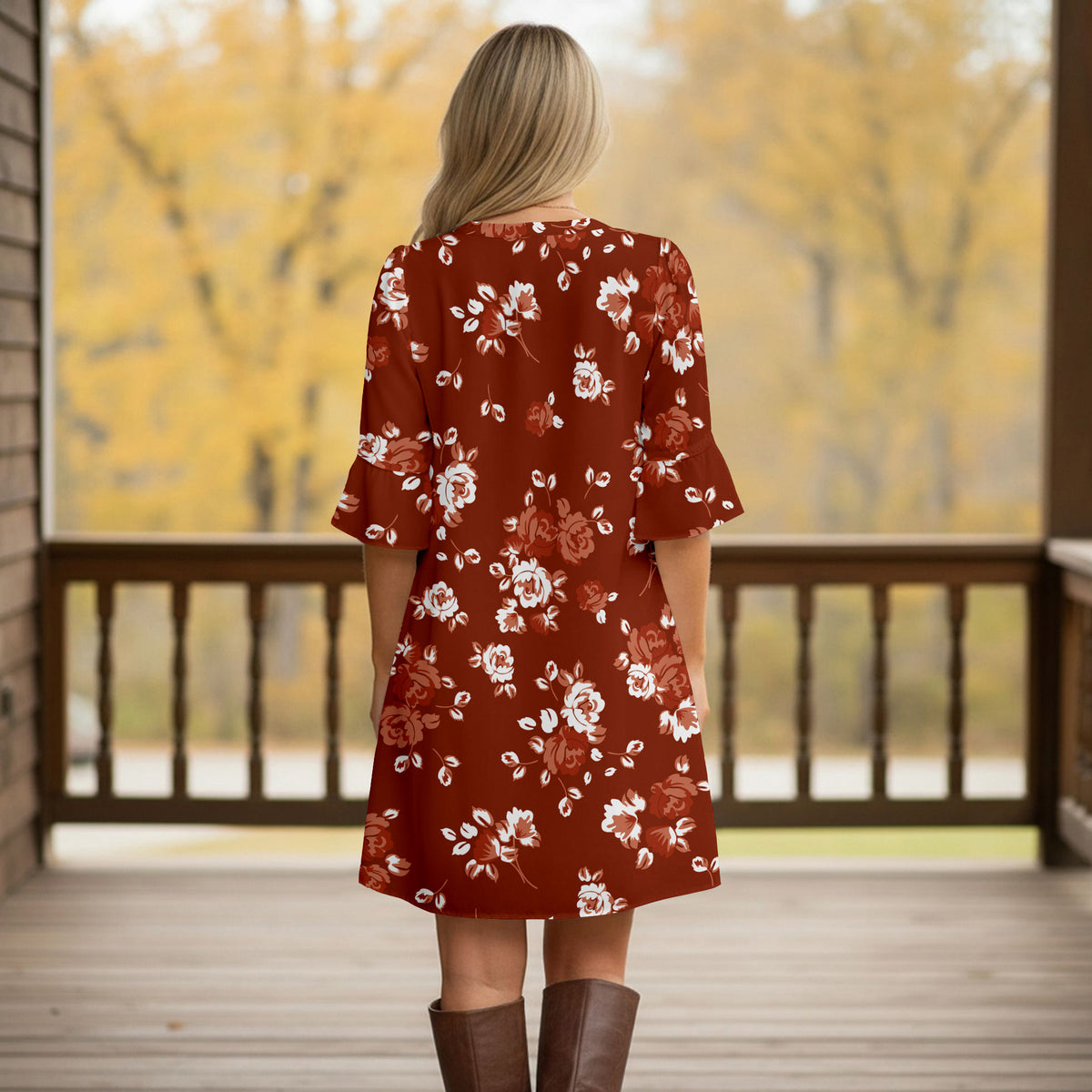 Notch Neck 3/4 Sleeve Ruffle Cuff Shift Dress with Pockets - Floral