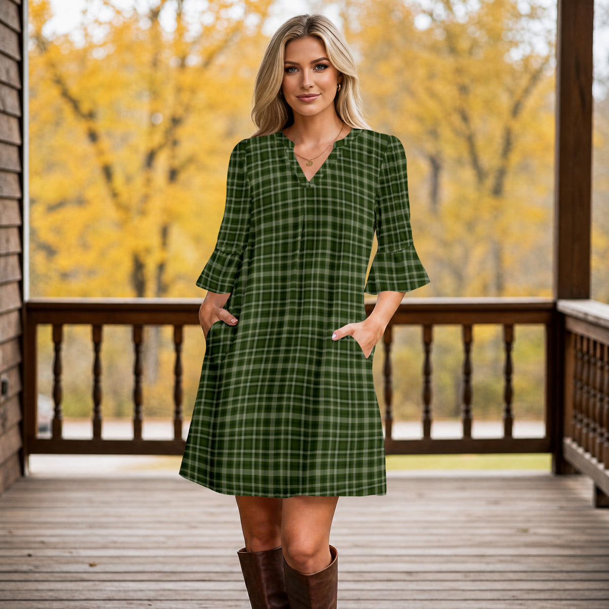 Notch Neck 3/4 Sleeve Ruffle Cuff Shift Dress with Pockets - Plaid