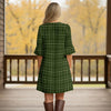 Notch Neck 3/4 Sleeve Ruffle Cuff Shift Dress with Pockets - Plaid