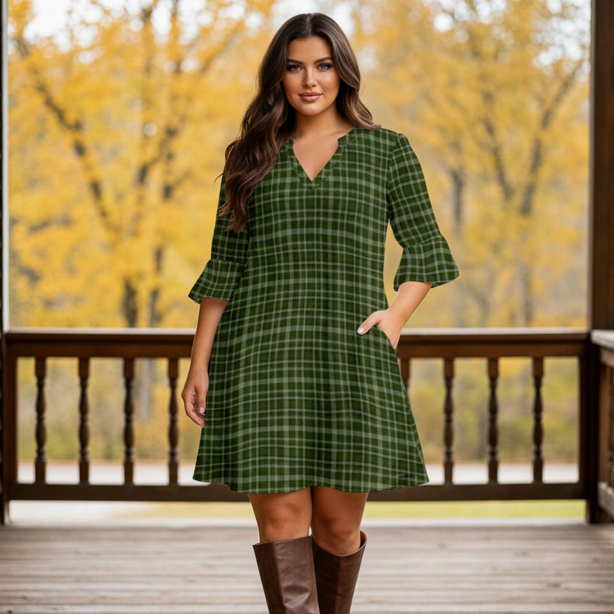 Notch Neck 3/4 Sleeve Ruffle Cuff Shift Dress with Pockets - Plaid