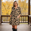 Notch Neck 3/4 Sleeve Ruffle Cuff Shift Dress with Pockets - Animal Print