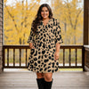 Notch Neck 3/4 Sleeve Ruffle Cuff Shift Dress with Pockets - Animal Print
