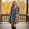 Notch Neck 3/4 Sleeve Ruffle Cuff Shift Dress with Pockets - Animal Print