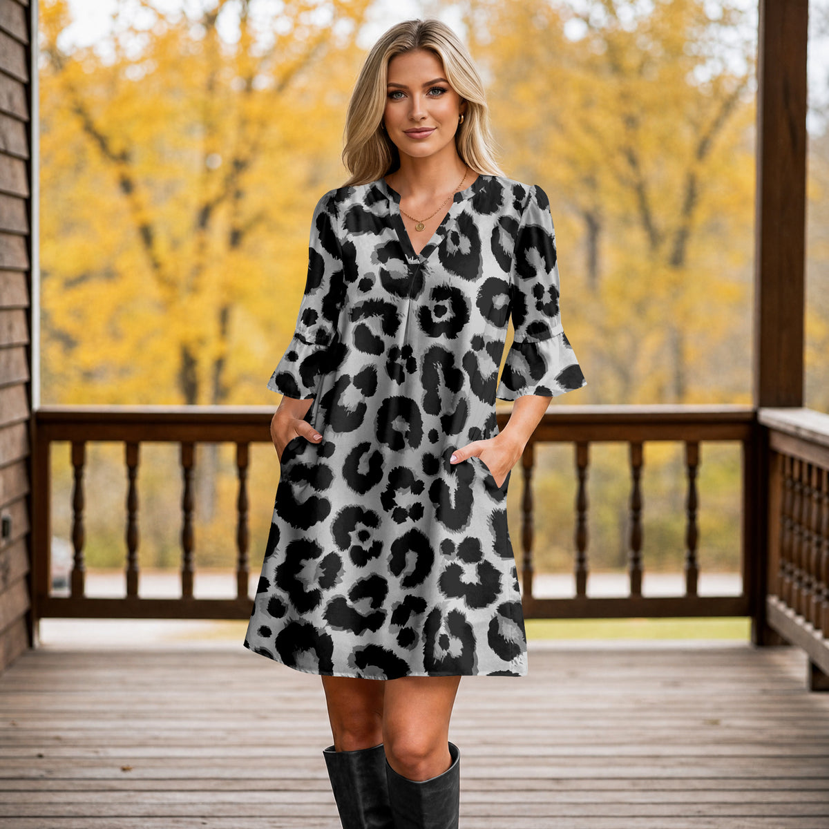 Notch Neck 3/4 Sleeve Ruffle Cuff Shift Dress with Pockets - Animal Print