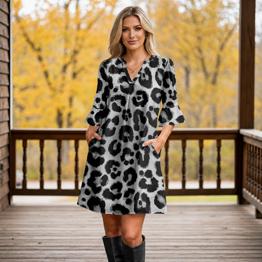 Notch Neck 3/4 Sleeve Ruffle Cuff Shift Dress with Pockets - Animal Print