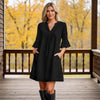 Notch Neck 3/4 Sleeve Ruffle Cuff Shift Dress with Pockets