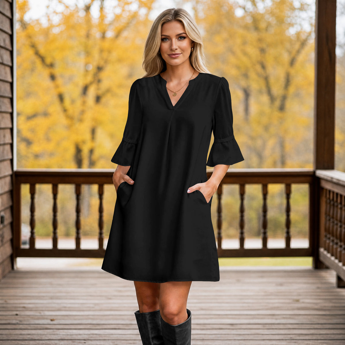Notch Neck 3/4 Sleeve Ruffle Cuff Shift Dress with Pockets