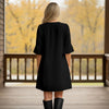 Notch Neck 3/4 Sleeve Ruffle Cuff Shift Dress with Pockets