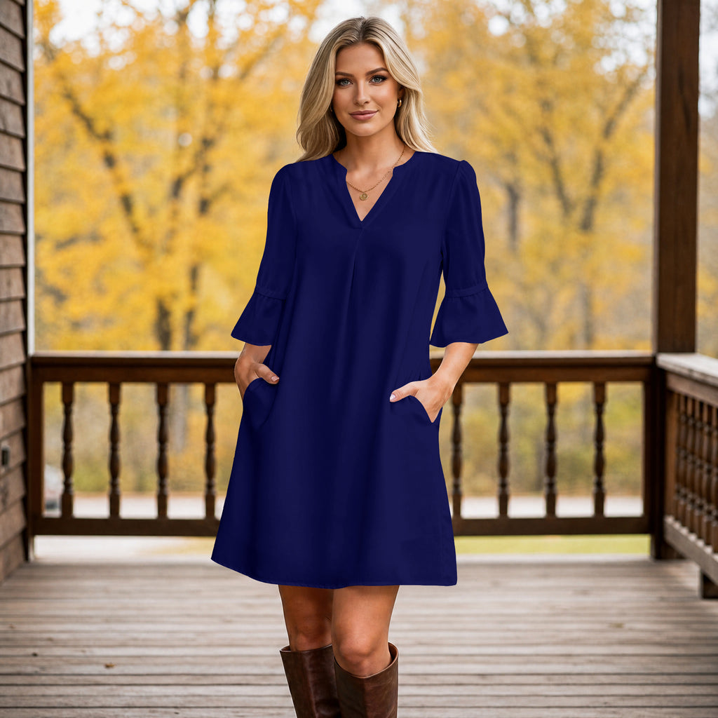 Notch Neck 3/4 Sleeve Ruffle Cuff Shift Dress with Pockets