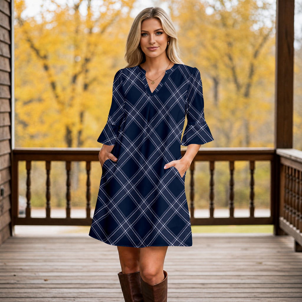 Notch Neck 3/4 Sleeve Ruffle Cuff Shift Dress with Pockets - Plaid