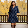 Notch Neck 3/4 Sleeve Ruffle Cuff Shift Dress with Pockets - Plaid
