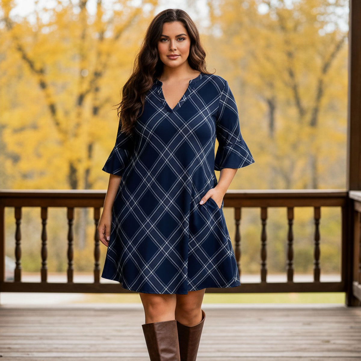 Notch Neck 3/4 Sleeve Ruffle Cuff Shift Dress with Pockets - Plaid