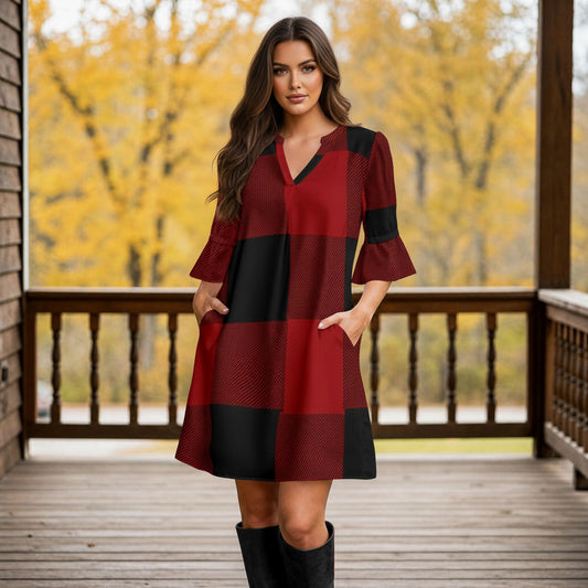 Notch Neck 3/4 Sleeve Ruffle Cuff Shift Dress with Pockets - Plaid