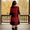 Notch Neck 3/4 Sleeve Ruffle Cuff Shift Dress with Pockets - Plaid