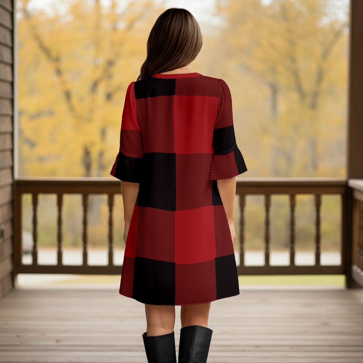 Notch Neck 3/4 Sleeve Ruffle Cuff Shift Dress with Pockets - Plaid