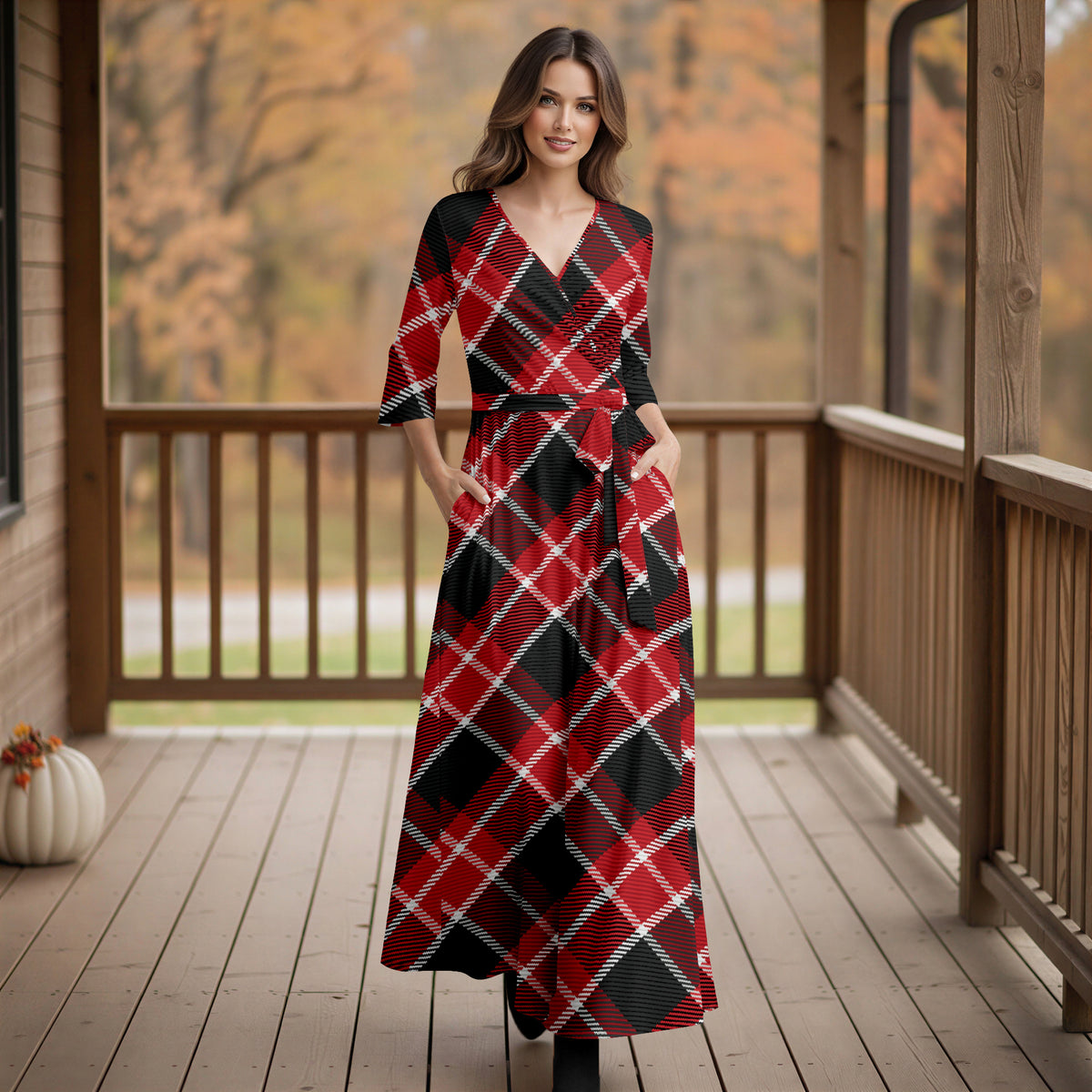Three Quarter Sleeve Tie-Waist Wrap Maxi Dress - Plaid