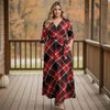 Three Quarter Sleeve Tie-Waist Wrap Maxi Dress - Plaid