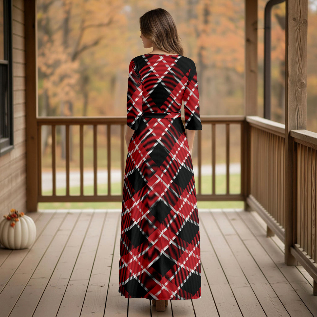 Three Quarter Sleeve Tie-Waist Wrap Maxi Dress - Plaid