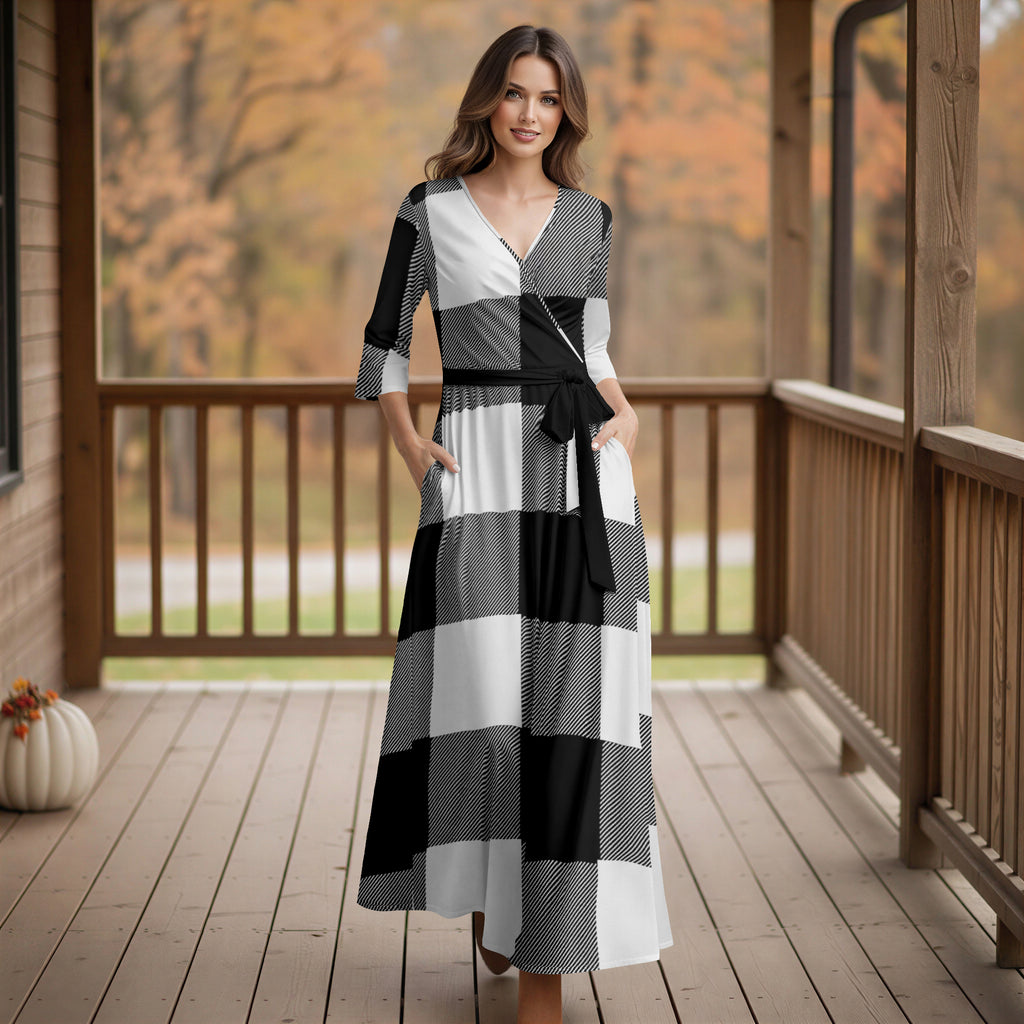 Three Quarter Sleeve Tie-Waist Wrap Maxi Dress - Plaid