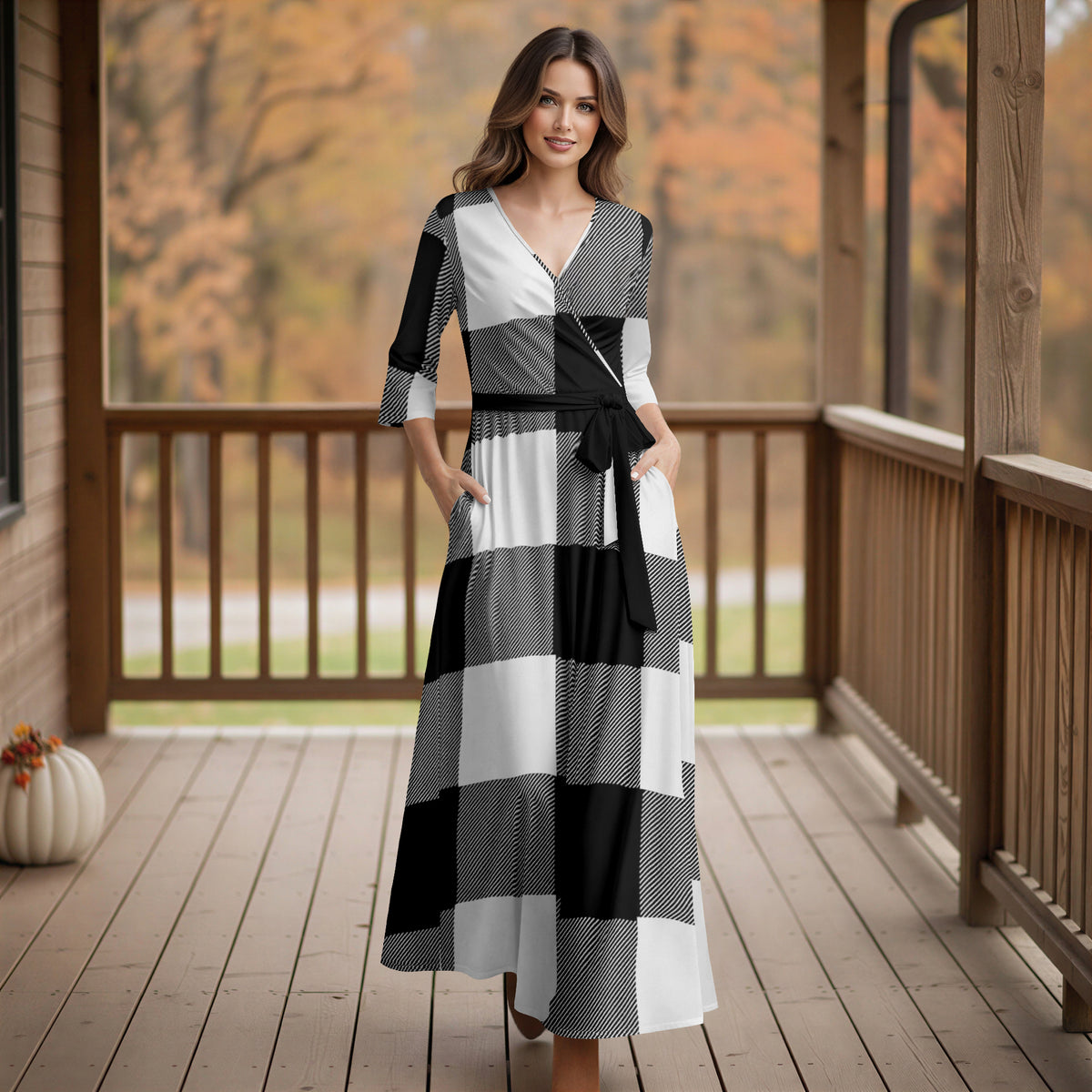 Three Quarter Sleeve Tie-Waist Wrap Maxi Dress - Plaid