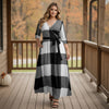 Three Quarter Sleeve Tie-Waist Wrap Maxi Dress - Plaid