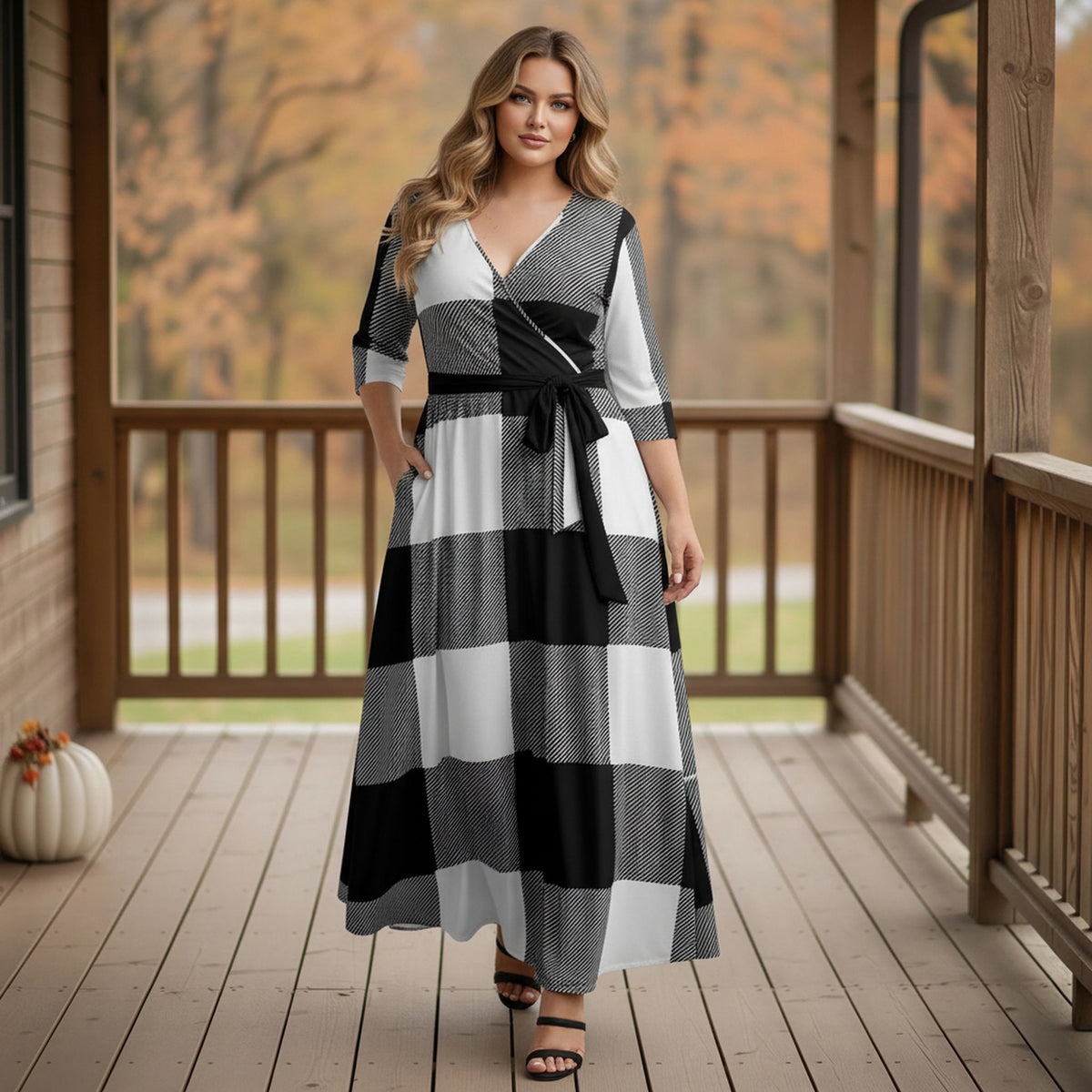 Three Quarter Sleeve Tie-Waist Wrap Maxi Dress - Plaid