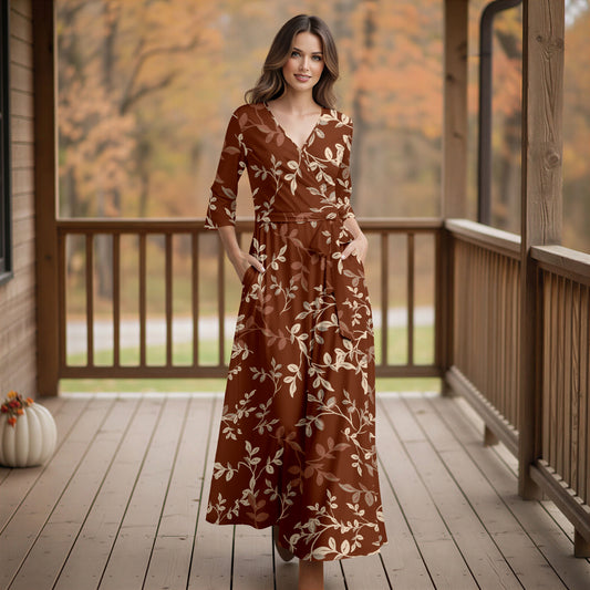 Three Quarter Sleeve Tie-Waist Wrap Maxi Dress - Floral