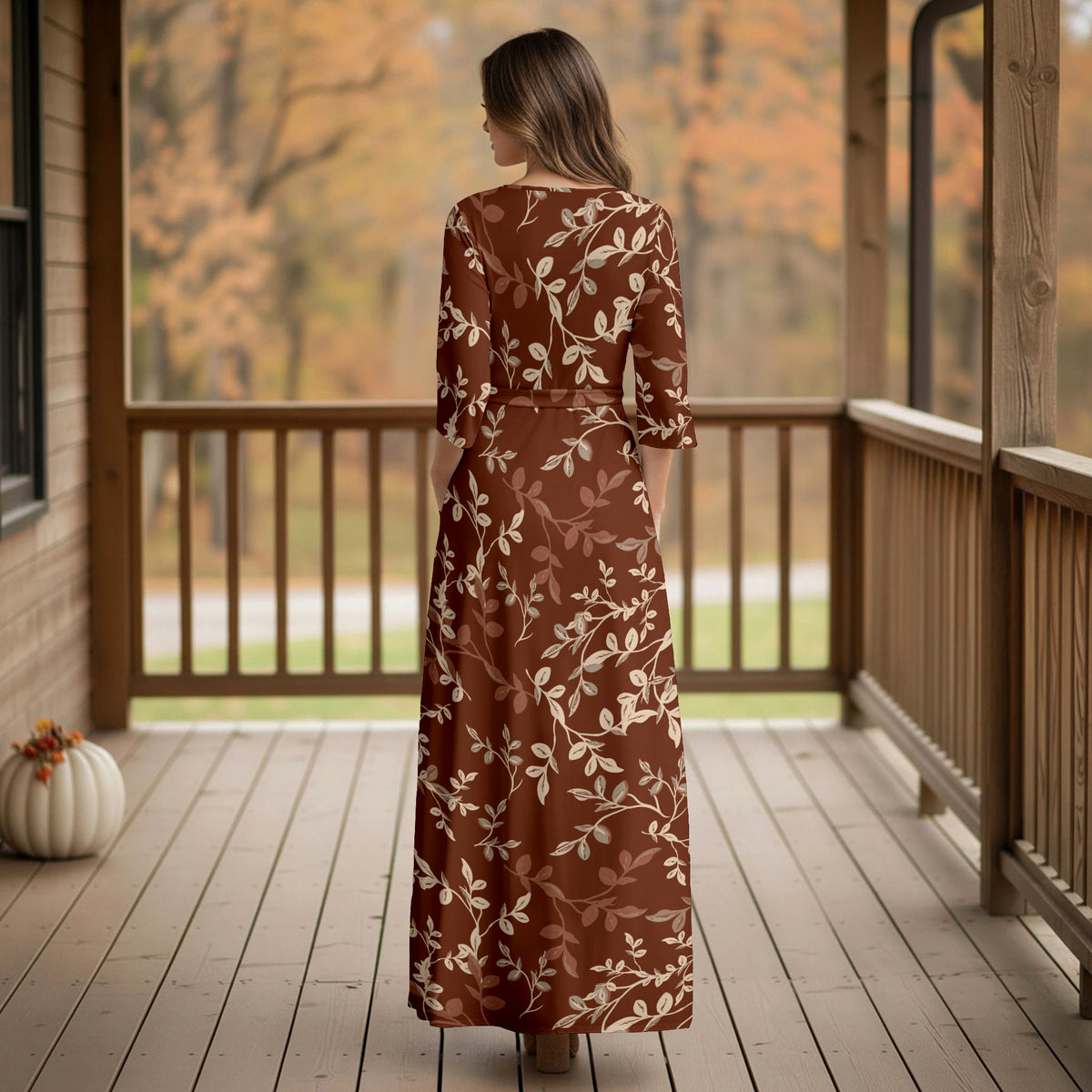 Three Quarter Sleeve Tie-Waist Wrap Maxi Dress - Floral
