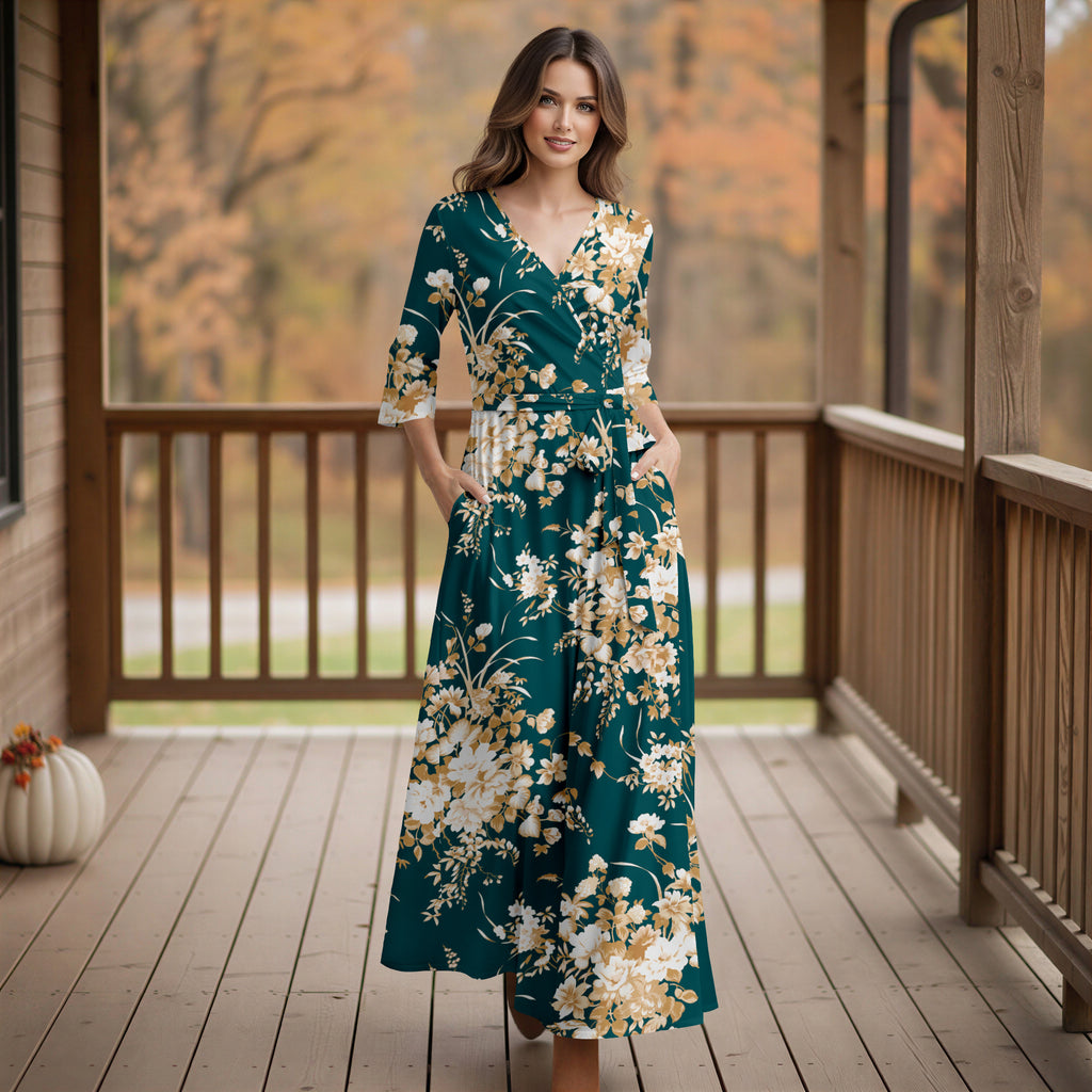 Three Quarter Sleeve Tie-Waist Wrap Maxi Dress - Floral
