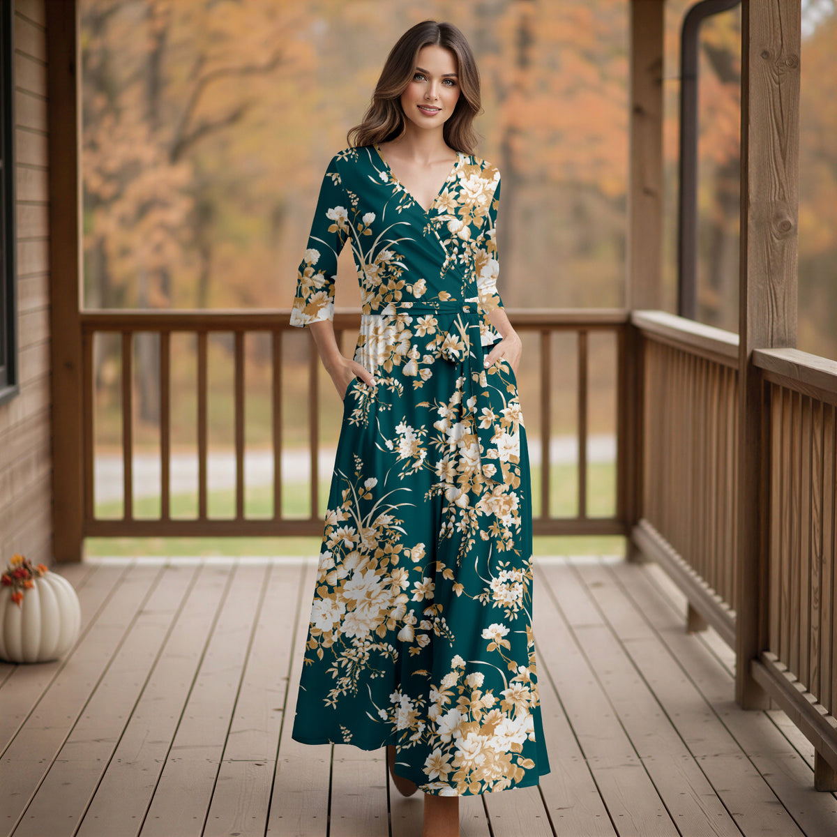 Three Quarter Sleeve Tie-Waist Wrap Maxi Dress - Floral