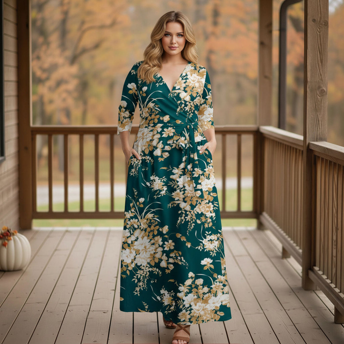 Three Quarter Sleeve Tie-Waist Wrap Maxi Dress - Floral