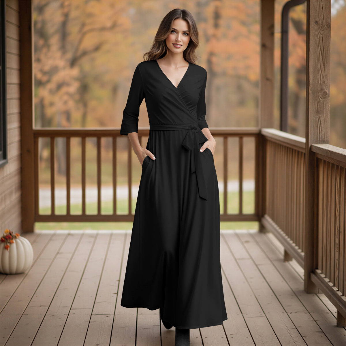 Three Quarter Sleeve Tie-Waist Wrap Maxi Dress